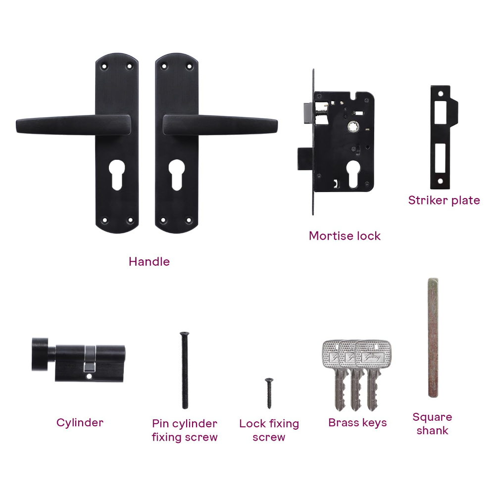 Godrej Mortise Lock I EuroProfile 60mm Cylinder | Double Throw Deadbolt | Common Keys | Reversible Latch | Matte Black Finish | Anti-Corrosion Brass Body | 5 Year Warranty